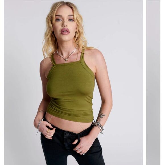 ONE TEASPOON Worn Khaki Olive Green Miami Bamboo Logo Tank Top Size Medium NWT - Picture 1 of 6